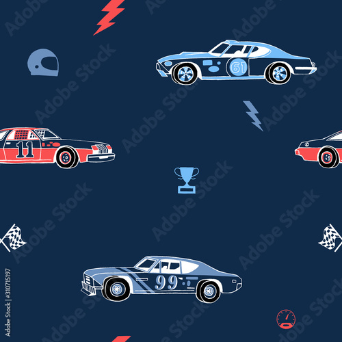 Racing cars seamless pattern. Hand-drawn muscle cars with isolated equipment and tools for racing. Pen graphic. Racing sport illustration. Backround for boys.