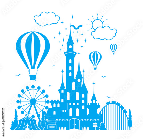 Fairytale castle of princess in an amusement park. Air balloons in sky, rides and entertainment. Illustration, vector