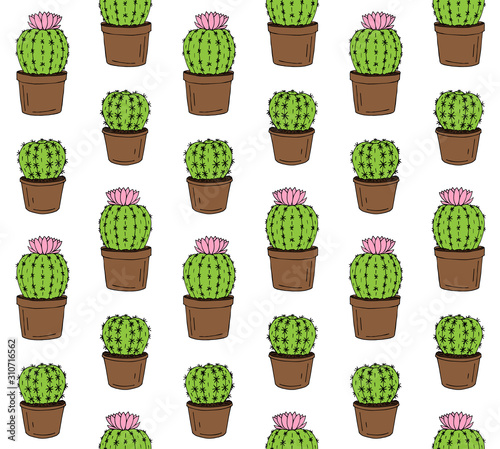 Vector seamless pattern of hand drawn doodle sketch colored flower cactus in pot isolated on white background