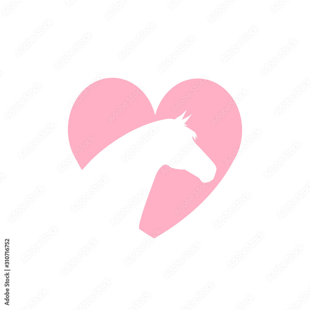 Vector flat pink horse head in heart logo isolated on white background Vector flat pink horse head in heart logo isolated on white background