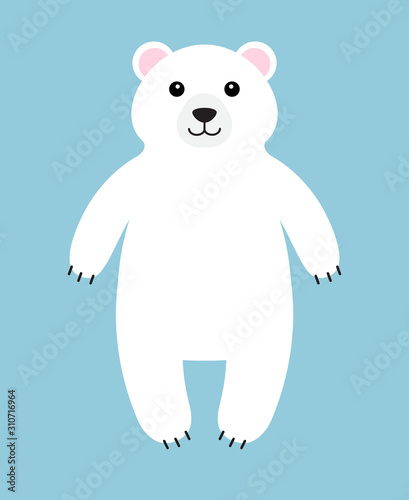 Vector flat cartoon white polar bear standing isolated on blue background