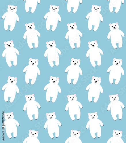 Vector seamless pattern of flat cartoon white polar bear standing isolated on blue background