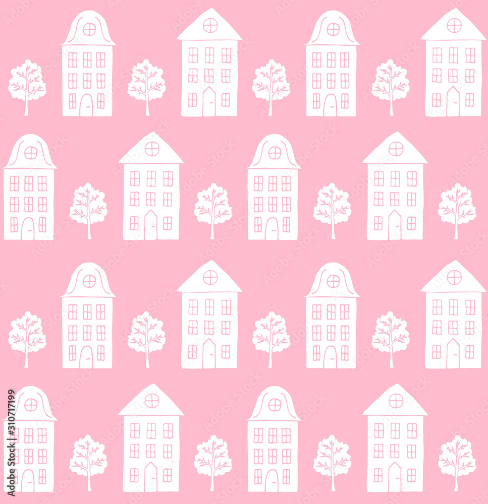 Vector seamless pattern of white hand drawn doodle sketch Scandinavian city house and trees isolated on pink background