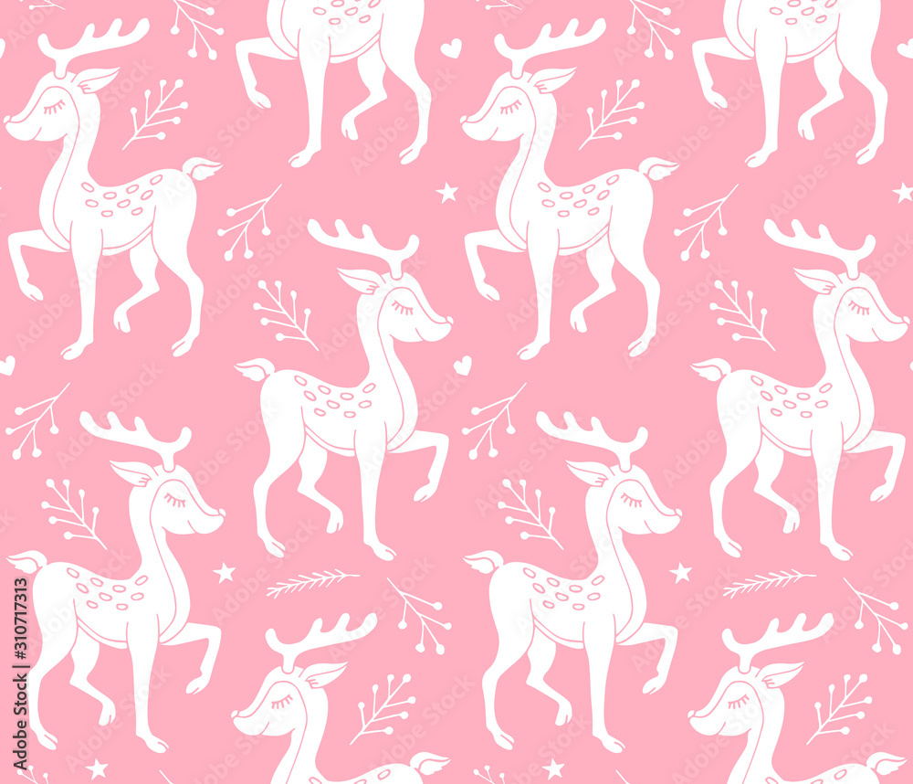 Vector seamless pattern of white hand drawn doodle sketch deer isolated on pastel pink background