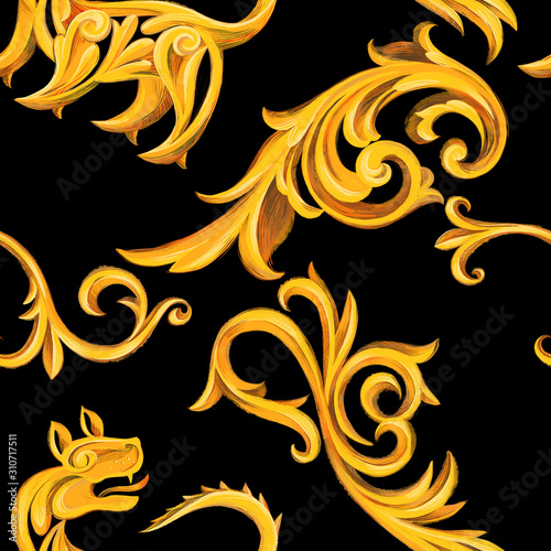 Luxury seamless pattern with golden Baroque elements. Heraldic swirl border frame and griffin. Victorian, Rococo, Baroque style background.