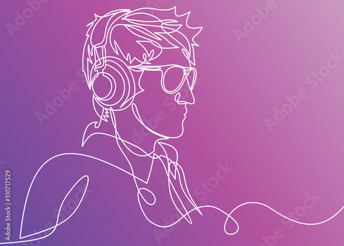 profile portrait of man in headphones - continuous line drawing