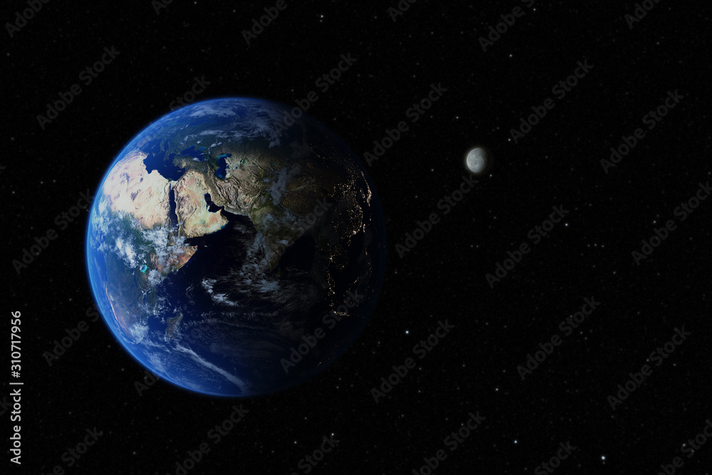 Planet Earth and Moon in the distance in outer space, 3D render,Elements of this image are furnished by NASA
