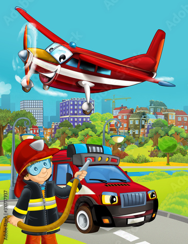 cartoon scene with fireman vehicle on the road - illustration for children