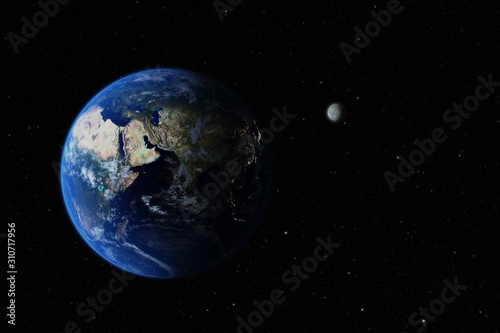 Planet Earth and Moon in the distance in outer space, 3D render,Elements of this image are furnished by NASA