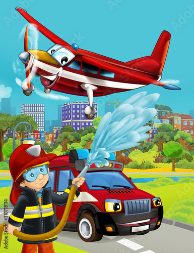 cartoon scene with fireman vehicle on the road - illustration for children