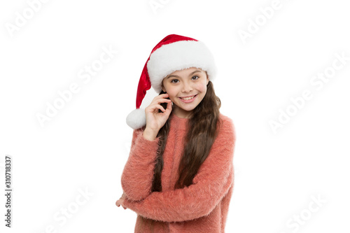 Pure beauty. Little child santa hat. Happy winter holidays. Adorable smiling cute baby waiting for Santa. Celebration concept. Respect traditions. Winter spirit. New year party. Santa claus kid