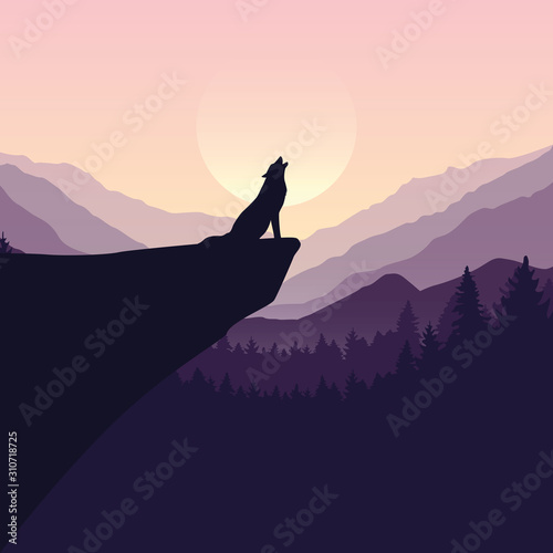wolf on a cliff howls at full moon purple nature landscape vector illustration EPS10