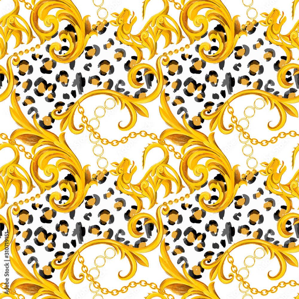 Golden baroque ornament design with leopard skin texture. Animal fur ...