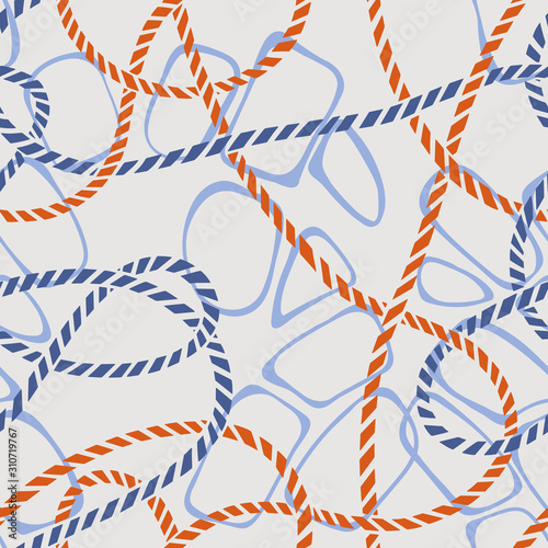 Seamless marine rope knot pattern. Endless illustration with color rope ornament and nautical sea knots. Trendy maritime style background. Rope texture. For textile, fabric prints, wrapping. 