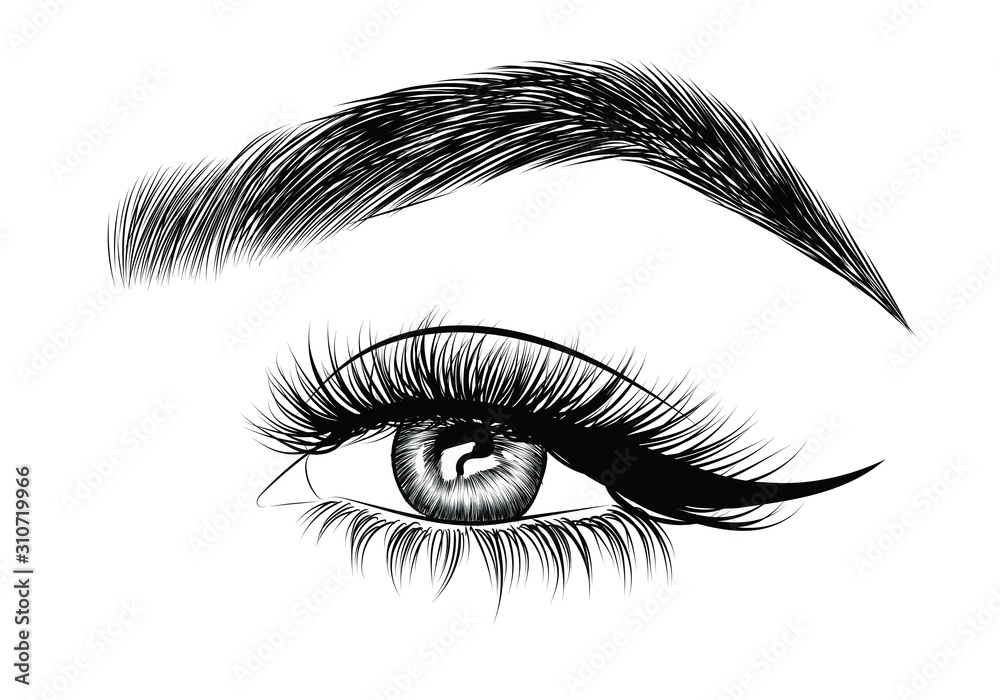 Fashion illustration of the eye with long full lashes. Hand drawn vector idea for business visit cards, templates, web, salon banners,brochures. Natural eyebrows and modern makeup Fashion illustration of the eye with long full lashes. Hand drawn vector idea for business visit cards, templates, web, salon banners,brochures. Natural eyebrows and modern makeup