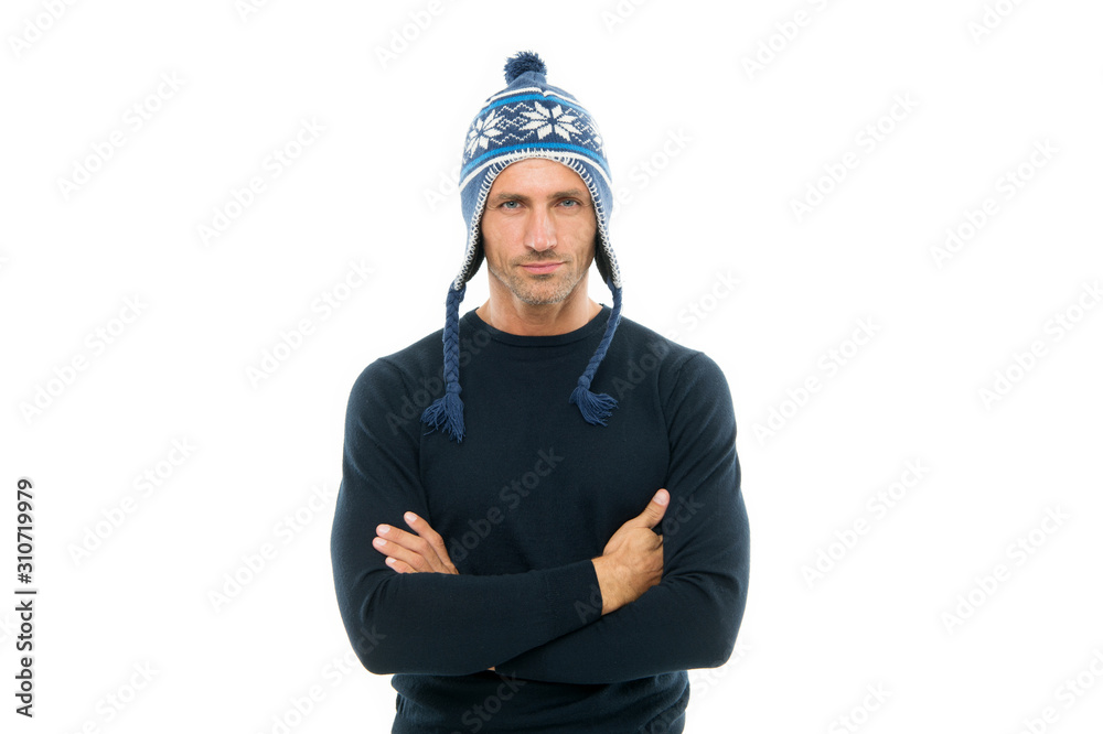 Confident and focused. Best wishes. Guy wear winter hat. Merry christmas and happy new year. Winter vacation. Mature man in hat face bristle. Handsome man celebrate winter holidays white background Confident and focused. Best wishes. Guy wear winter hat. Merry christmas and happy new year. Winter vacation. Mature man in hat face bristle. Handsome man celebrate winter holidays white background