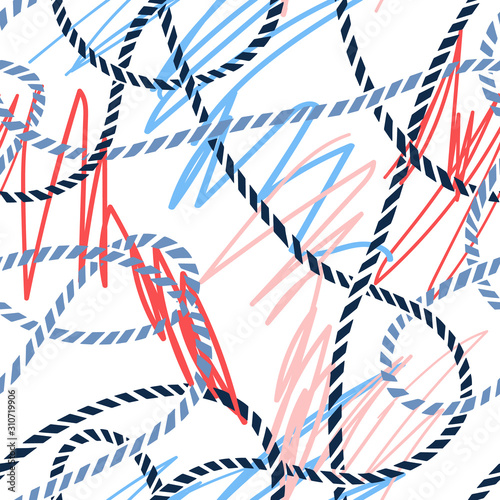Seamless marine rope knot pattern. Repeat illustration with color rope ornament and nautical sea knots. Trendy maritime style background. Rope texture. For textile, fabric prints, wrapping. 
