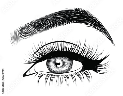  Fashion illustration of the eye with long full lashes. Hand drawn vector idea for business visit cards, templates, web, salon banners,brochures. Natural eyebrows and modern makeup