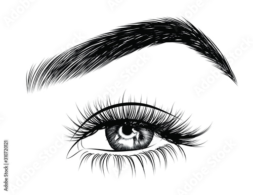  Fashion illustration of the eye with long full lashes. Hand drawn vector idea for business visit cards, templates, web, salon banners,brochures. Natural eyebrows and modern makeup
