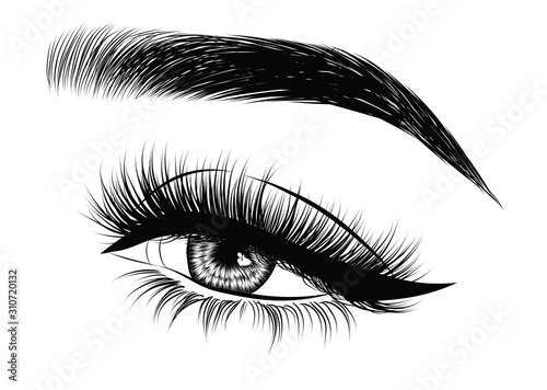  Fashion illustration of the eye with long full lashes. Hand drawn vector idea for business visit cards, templates, web, salon banners,brochures. Natural eyebrows and modern makeup