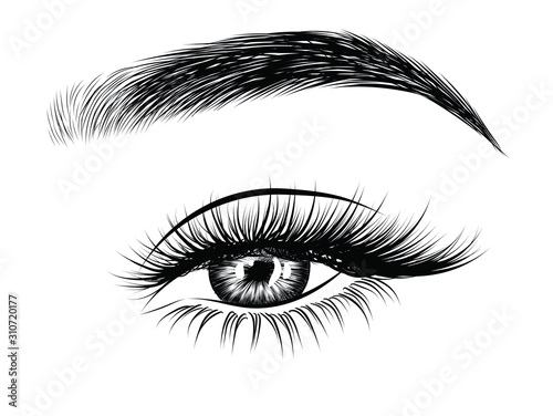  Fashion illustration of the eye with long full lashes. Hand drawn vector idea for business visit cards, templates, web, salon banners,brochures. Natural eyebrows and modern makeup