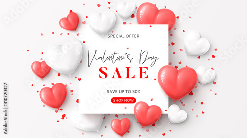 Valentine's Day sale banner template. Vector illustration with realistic pink and white air balloons and confetti on white background. Holiday gift card. Promotion discount banner.