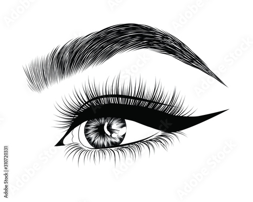  Fashion illustration of the eye with long full lashes. Hand drawn vector idea for business visit cards, templates, web, salon banners,brochures. Natural eyebrows and modern makeup