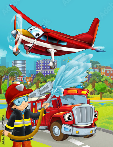 cartoon scene with fireman vehicle on the road - illustration for children