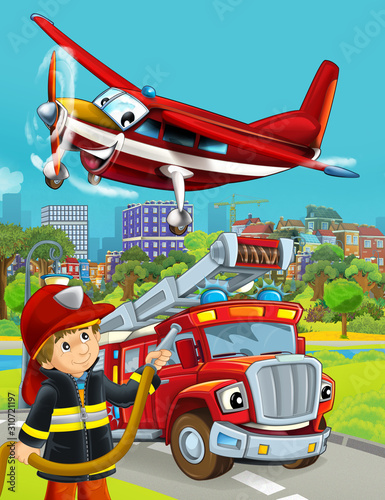 cartoon scene with fireman vehicle on the road - illustration for children