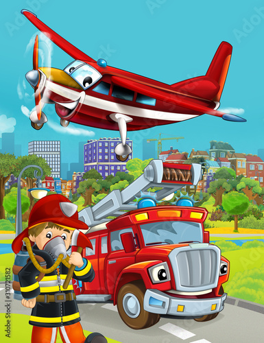 cartoon scene with fireman vehicle on the road - illustration for children