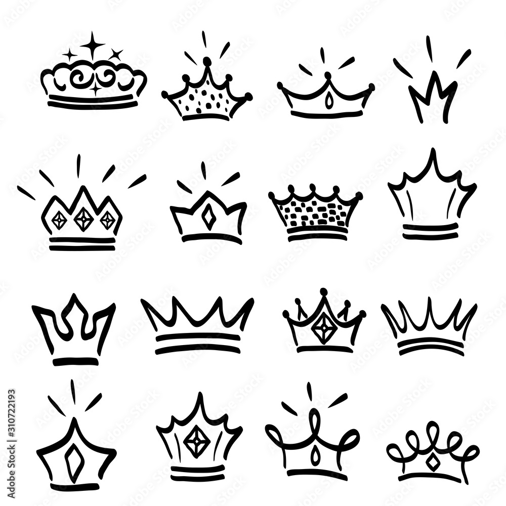 Crown logo graffiti hand drawn icon. Black elements isolated on white ...