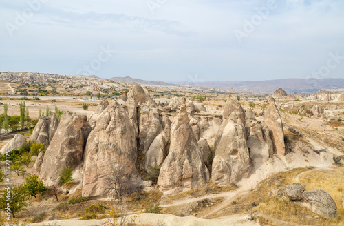 View of unusual rocky landscape in Cappadocia, Turkey. 