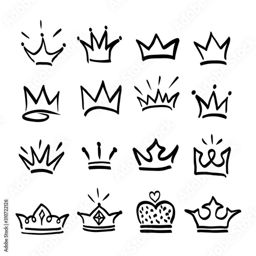 Crown logo graffiti hand drawn icon. Black elements isolated on white background. Hand drawn set of different crown and tiara for princess.Vector illustration.