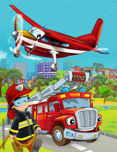 cartoon scene with fireman vehicle on the road - illustration for children