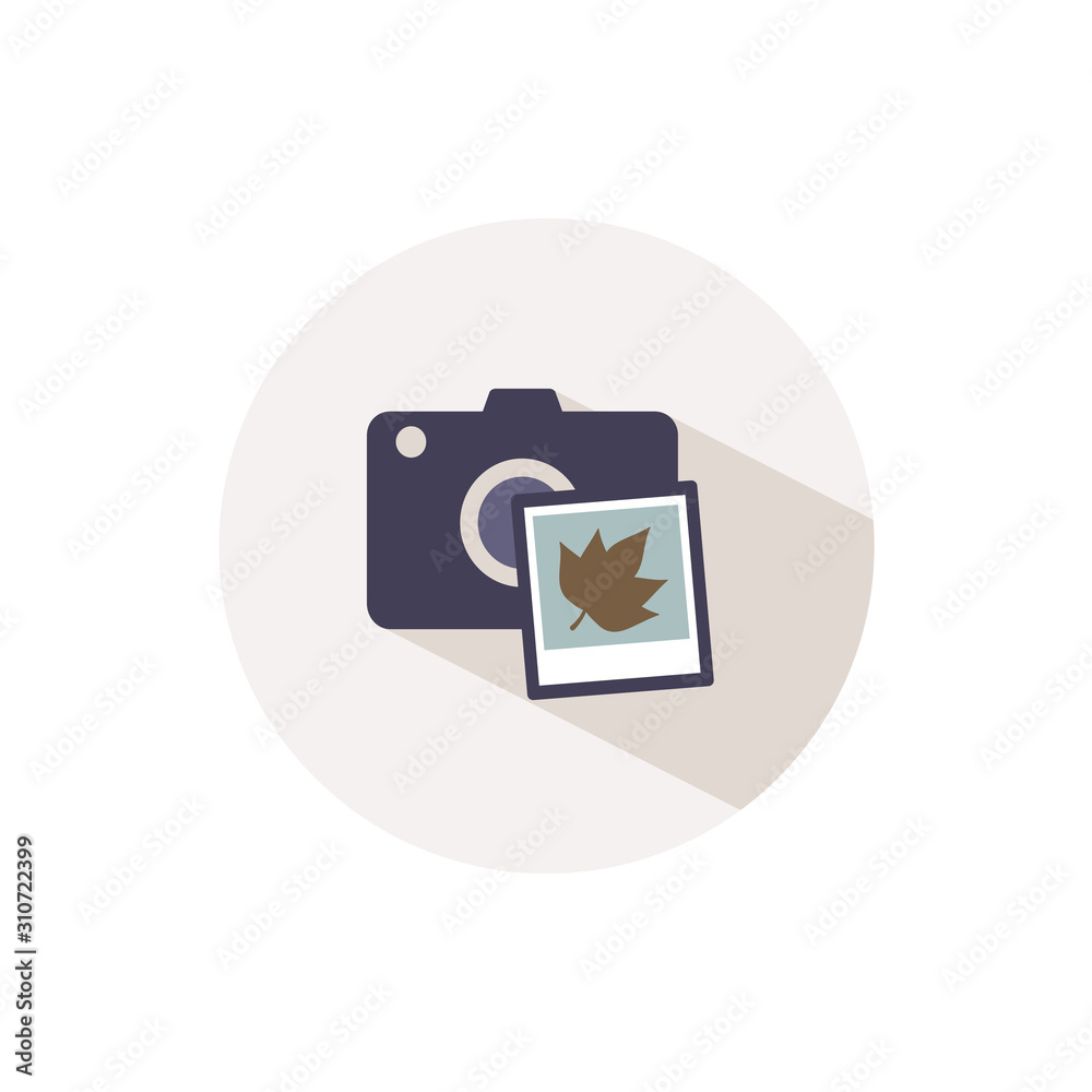 Camera and photo with autumn leaf. Icon with shadow on a beige circle. Fall vector illustration Camera and photo with autumn leaf. Icon with shadow on a beige circle. Fall vector illustration