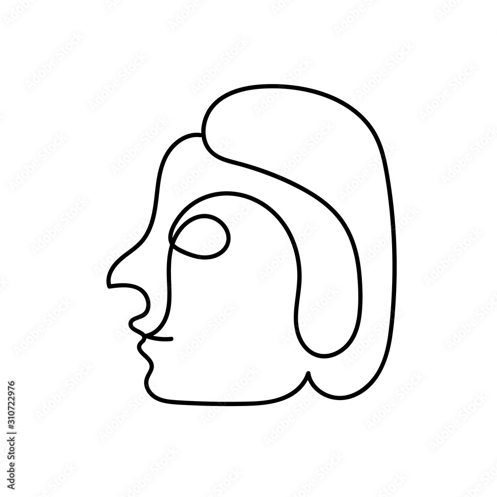Woman face outline drawing by a continuous line isolated on a white  background. Line art portrait