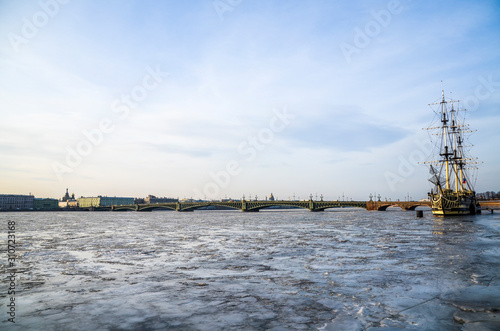 View of the Frigate Grace on a frost Neva river. St. Petersburg Russia photo