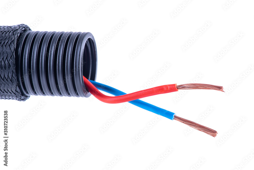 Corrugated Pipe with Cables Isolated on White Background, Electrical Installation and Home Renovation Corrugated Pipe with Cables Isolated on White Background, Electrical Installation and Home Renovation