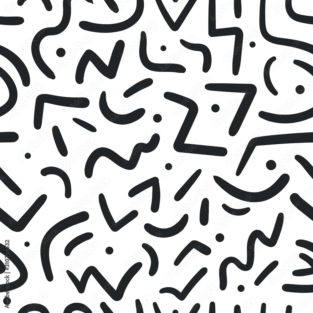Abstract ethnic seamless pattern with zig zags, rounded arc lines and dots. Retro Memphis style background. Doodle pattern hand drawn pen, ink. Vector illustration surface design for wrapping, textile Abstract ethnic seamless pattern with zig zags, rounded arc lines and dots. Retro Memphis style background. Doodle pattern hand drawn pen, ink. Vector illustration surface design for wrapping, textile