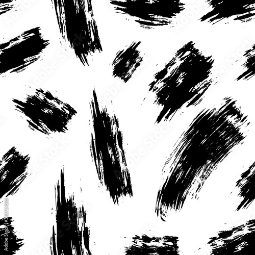 Brush strokes seamless pattern. Grunge style background. Black ink smear geometric elements. Vector illustration in minimal trendy style isolated on white. Design for wrapping  textile.