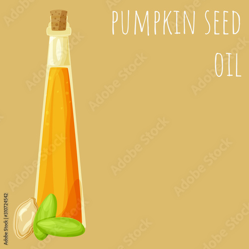 Pumpkin seed oil bottle vector illustration, isolated on colored background, cartoon style oil type clip-art.