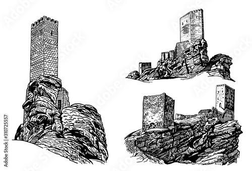 Graphical set of medieval castles isolated on white background,vector illustration, architecture