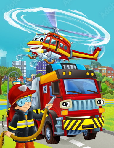 cartoon scene with fireman vehicle on the road - illustration for children © honeyflavour