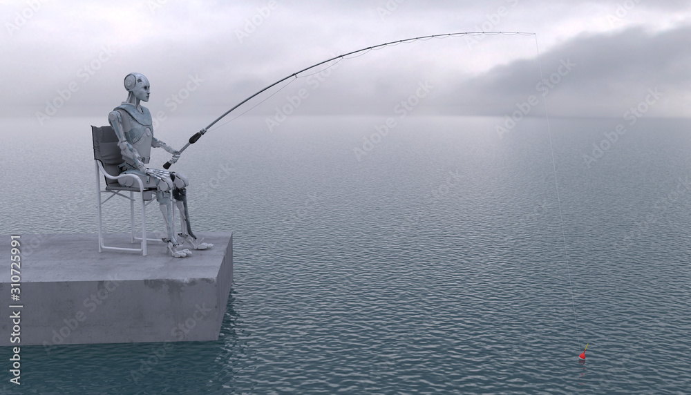 The robot is fishing with a fishing rod at sea. Future concept with  robotics and artificial intelligence. 3D rendering. ilustración de Stock |  Adobe Stock