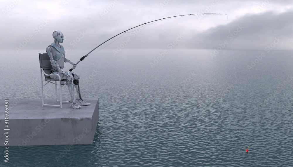 The robot is fishing with a fishing rod at sea. Future concept with robotics and artificial intelligence. 3D rendering. The robot is fishing with a fishing rod at sea. Future concept with robotics and artificial intelligence. 3D rendering.