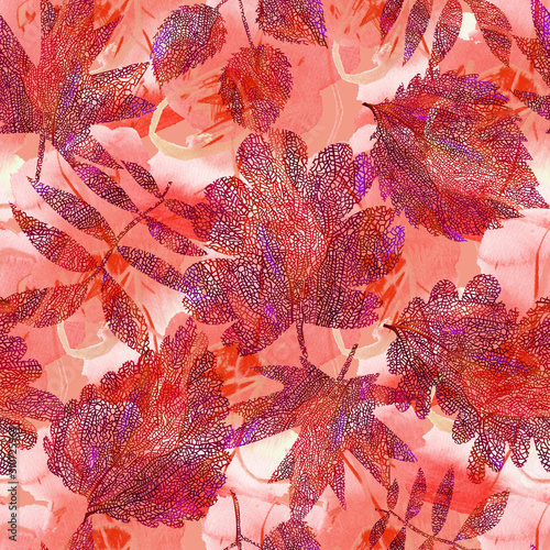 Floral botanical background. Seamless pattern made of autumn leaves  twigs and branches on abstract texture. Leaf illustration with collage graphic ornate knitting net texture. For textile and fabric.