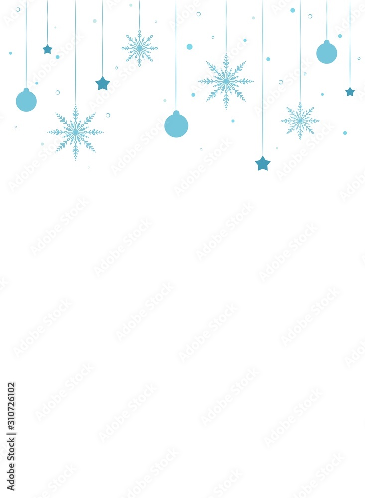 Fototapeta premium White winter Christmas vertical background with blue border of snowflakes, stars, toys and ribbons.