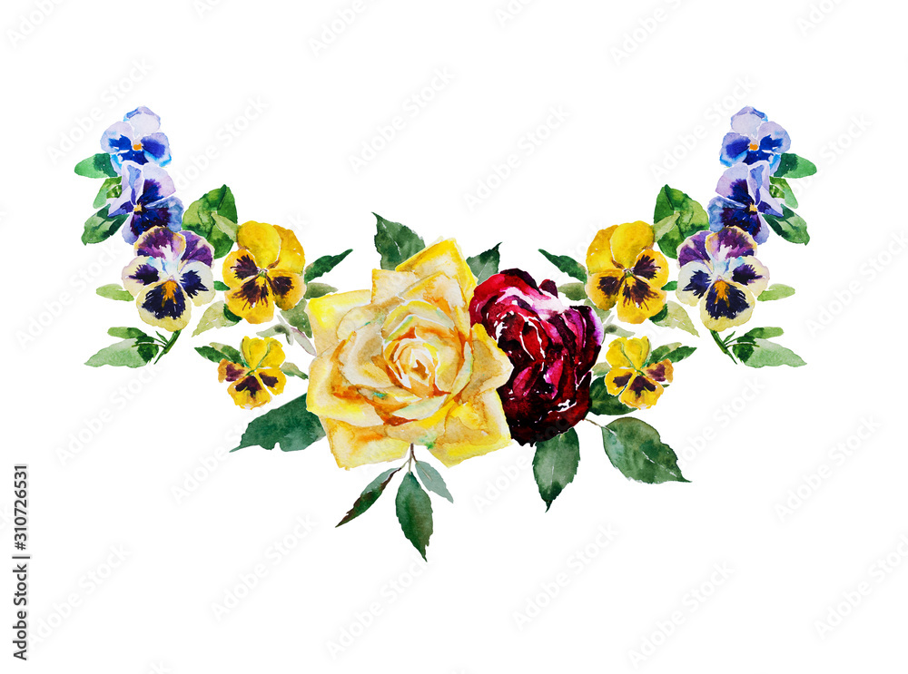 Fototapeta premium Pansy and roses watercolor curved garland with leaves and blossoming flowers blue, yellow and dark red color