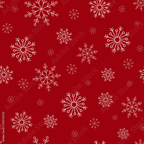 Hand drawn white snowflakes on red background. winter Christmas seamless pattern. New Year backdrop.