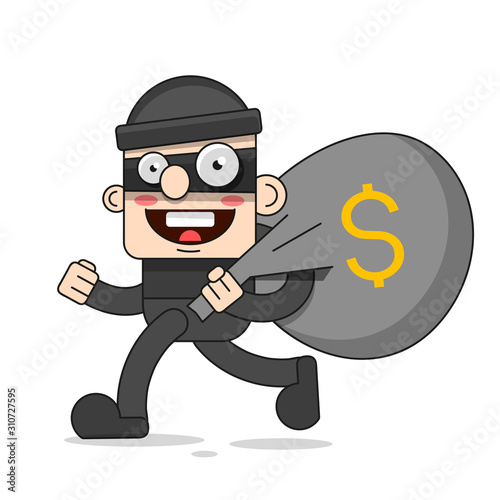 Cute Thief Character. Vector Cartoon Illustration. Bandit With Bag. Robber In Mask